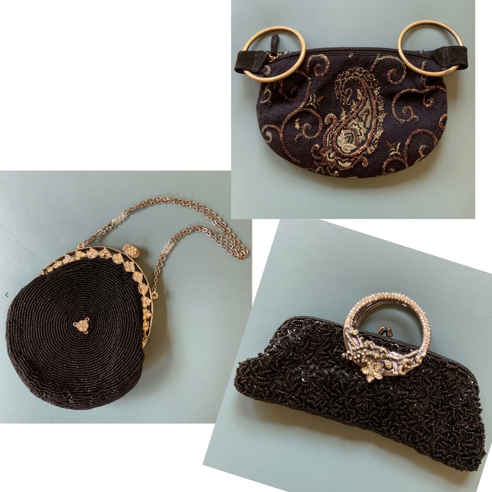 Vintage 90s Lot - 3 Black Beaded Purses Chain Rhinestone Circle Handles Paisley